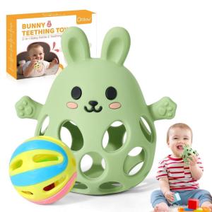 imageOrzbow Baby Teething Toys 36 Months 2 in 1 Rattle ampamp Teethers for Teething Relief Easy Grasp Teething Mittens for Babies 012 MonthsFood Grade Silicone Newborn Infant Toddler Gift CreamGreen