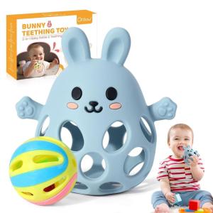 imageOrzbow Baby Teething Toys 36 Months 2 in 1 Rattle ampamp Teethers for Teething Relief Easy Grasp Teething Mittens for Babies 012 MonthsFood Grade Silicone Newborn Infant Toddler Gift Blue