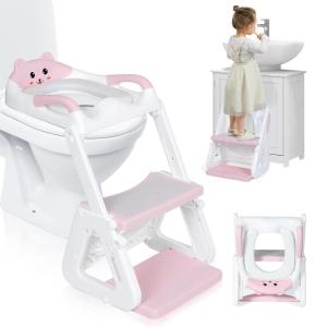 imageOrzbow 2IN1 Potty Training Toilet Seat with Step Stool for Toddler Stability Training Potty Seat for Kids Boys Girls with Splash Guard and AntiSlip Pad Adjustable Ladder ampamp Potty Seat Height GreyPink  White