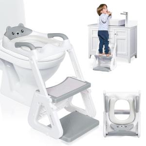 imageOrzbow 2IN1 Potty Training Toilet Seat with Step Stool for Toddler Stability Training Potty Seat for Kids Boys Girls with Splash Guard and AntiSlip Pad Adjustable Ladder ampamp Potty Seat Height GreyGrey  White