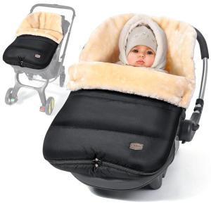 imageOrzbow Faux Sheepskin Winter Car Seat Cover for Babies Water Repellent Bunting Bag for Car Seats ampamp Strollers Warm and Cozy Carseat Footmuff to Protect Baby from Cold Wind Machine Washable GrayBlackFaux Sheepskin Lining