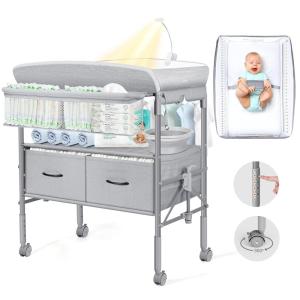 imageOrzbow Baby Changing Table with Nightlight Foldable Diaper Table Waterproof Diaper Changing Station with Safety Belt 4Level Height Adjustable and 2 Drawers Mobile Nursery for Infant and Newborn